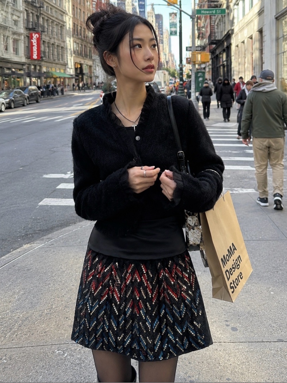 Designer Tsumori Chisato Skirt Studded Black Wool Mohair Faux Leather High Waist
